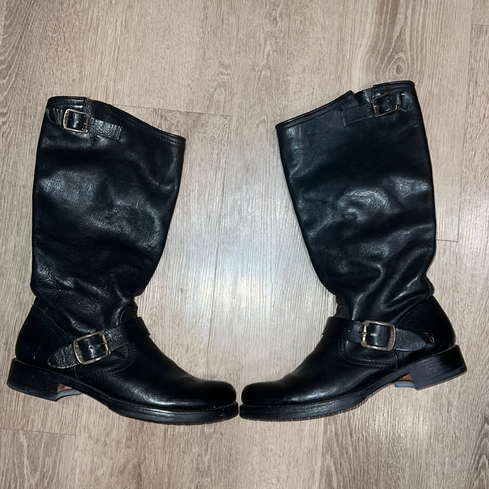 Frye Veronica black tall leather slouch boot 10 D moto biker good used condition